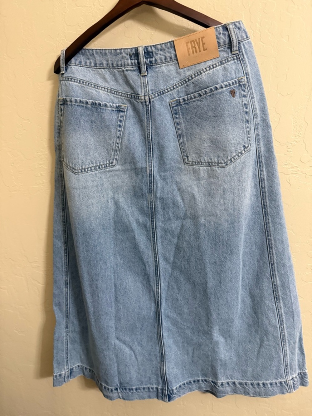 FRYE Light Wash Denim Midi skirt with front slit barely used 10/30